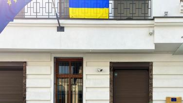 The Ukrainian flag, waving at the EU Delegation Office, serves as an expression of unwavering support for the European Union of Ukraine and Ukrainians.