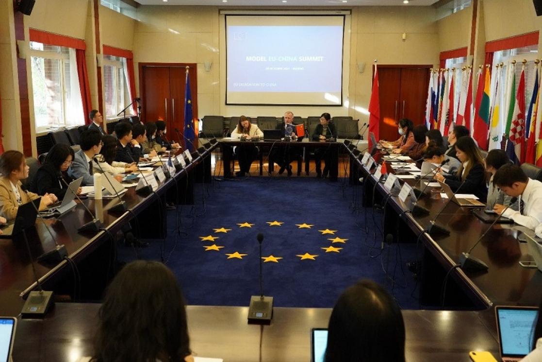 Meeting in a room with the European Union flag on the carpet