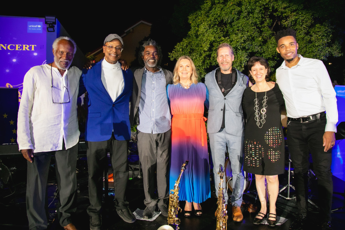 EU Ambassador Dr. Erja Askola with UNICEF Representative Olga Isaza and jazz musicians