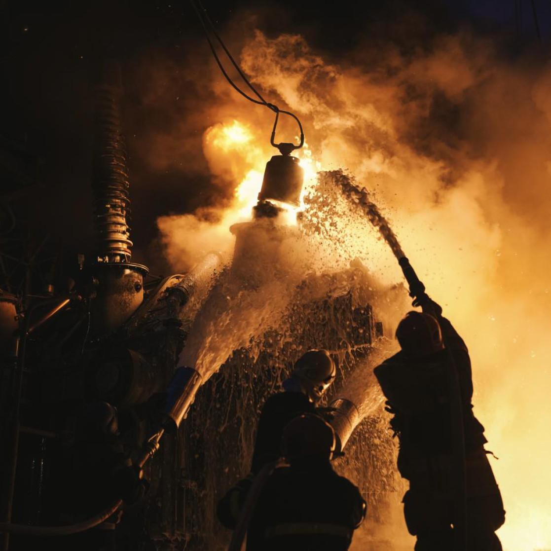 Firefighters tackling a fire in Ukraine