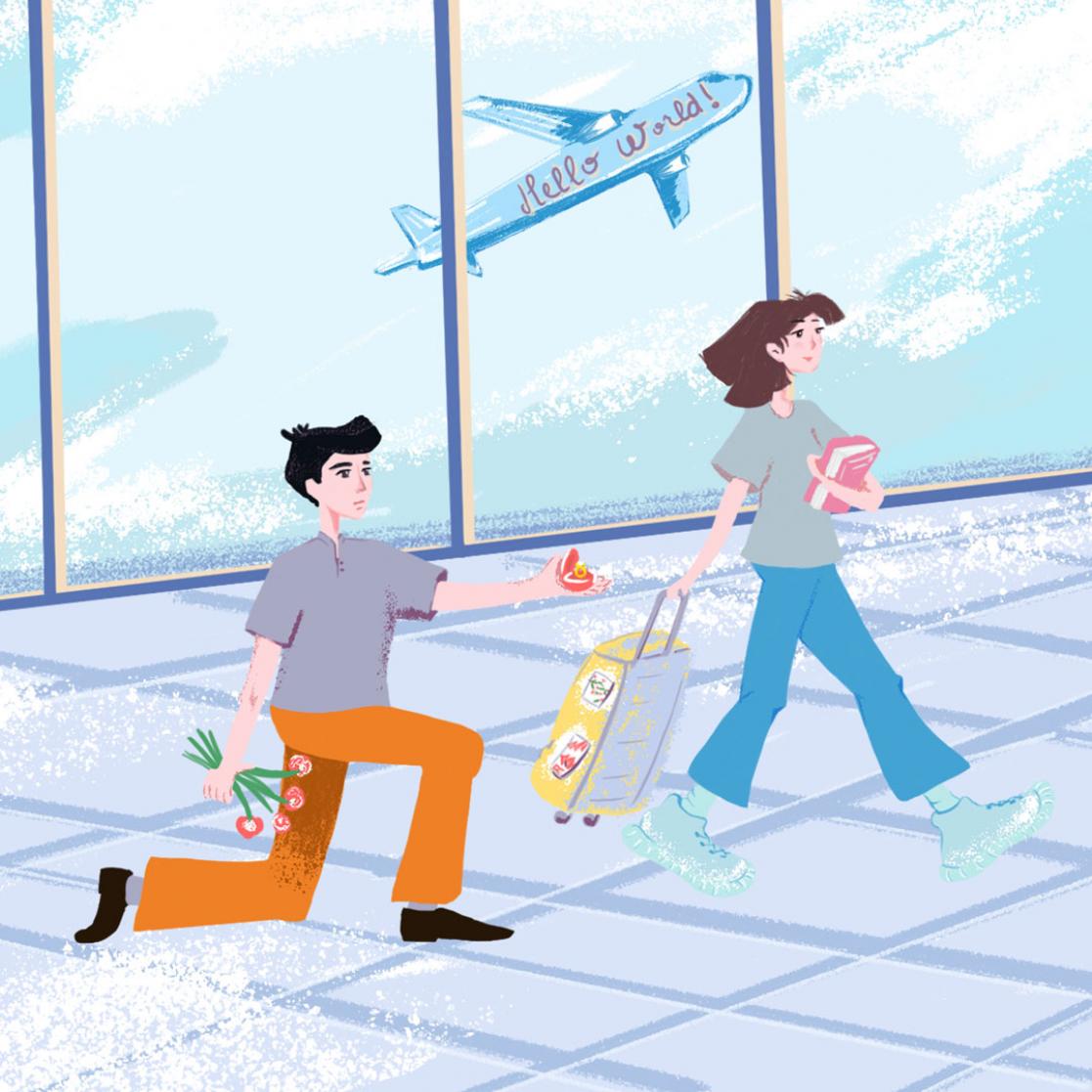 Illustration of a man asking a woman to marry him at the airport