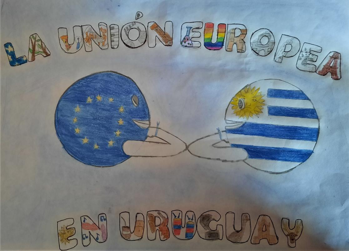 A drawing of two planets coloured as flags