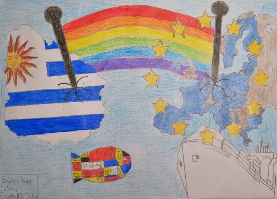 A drawing of a flag and a rainbow