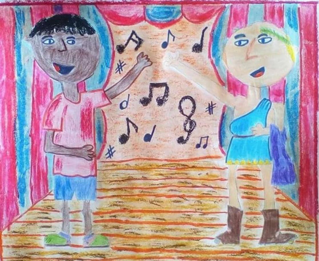 Drawing of two people playing music