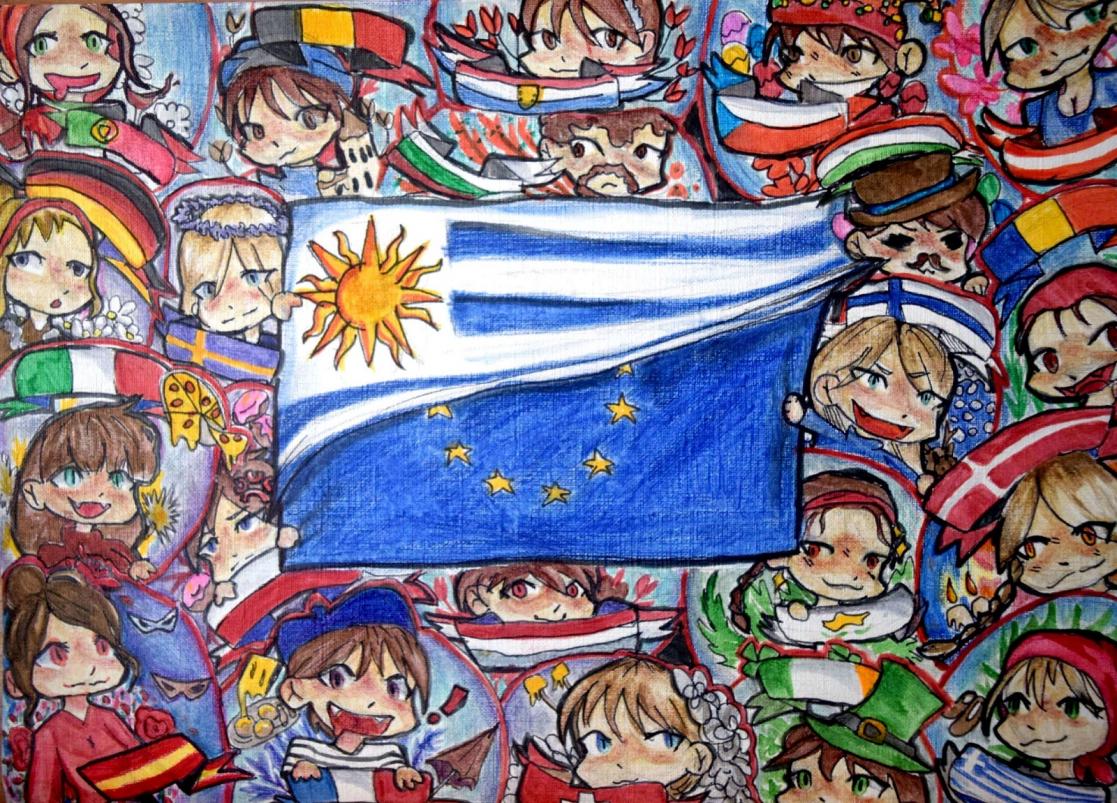 A drawing of a flag surrounded by many people