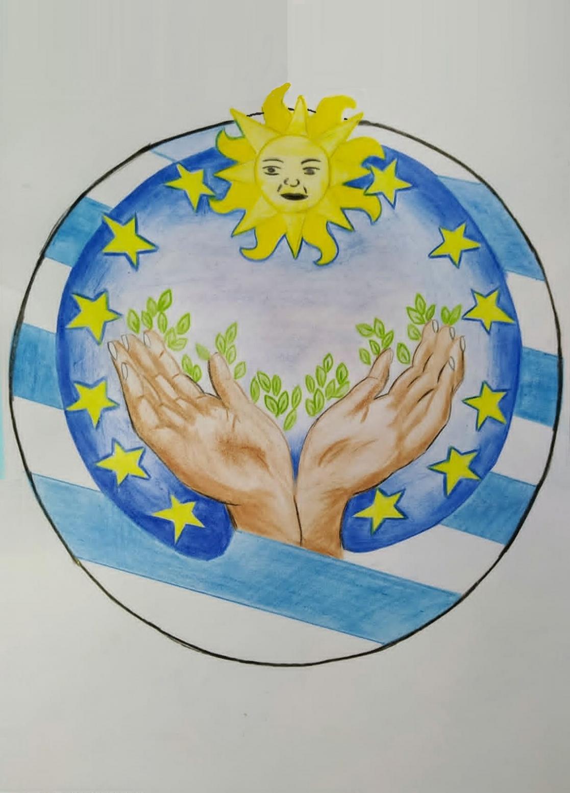 A drawing of two hands holding the sun