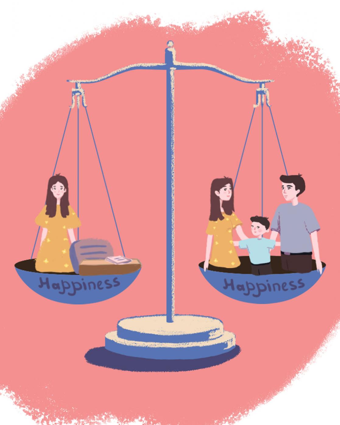 Illustration of a scale balancing family and work