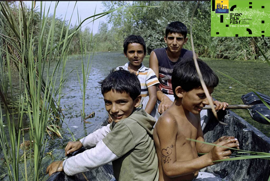 Four boys sailing on a little boat