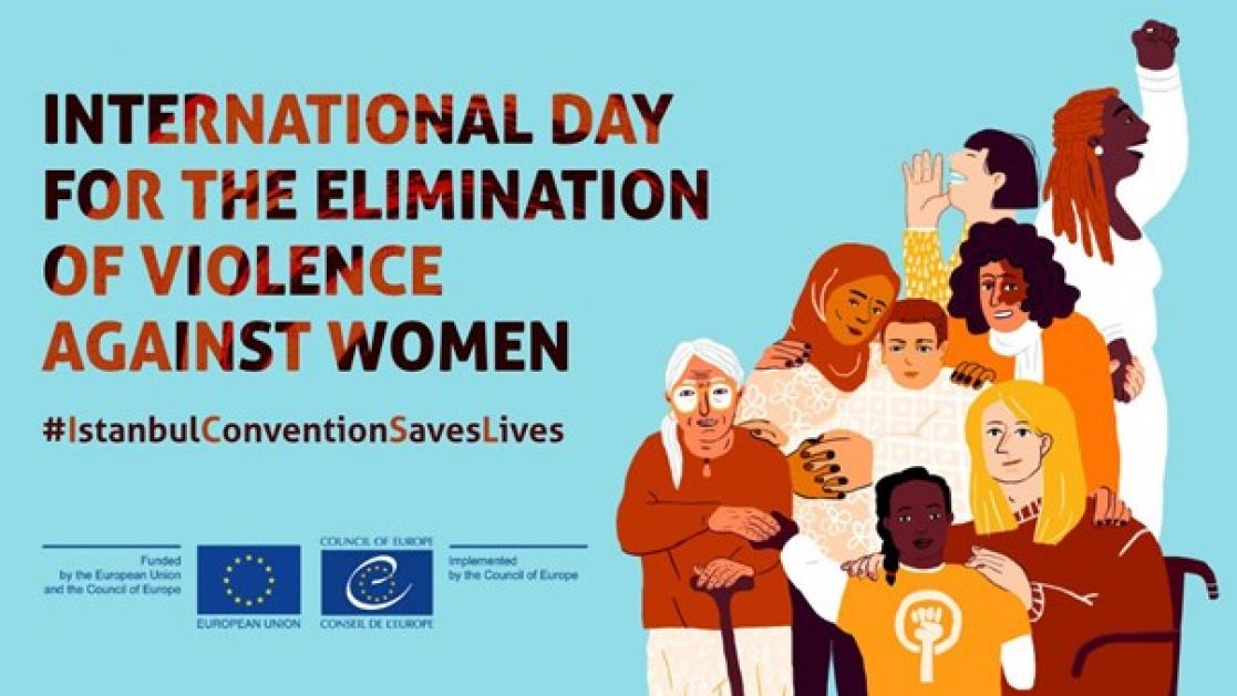 Blue banner with the title "International day for the elimination of violence against women"