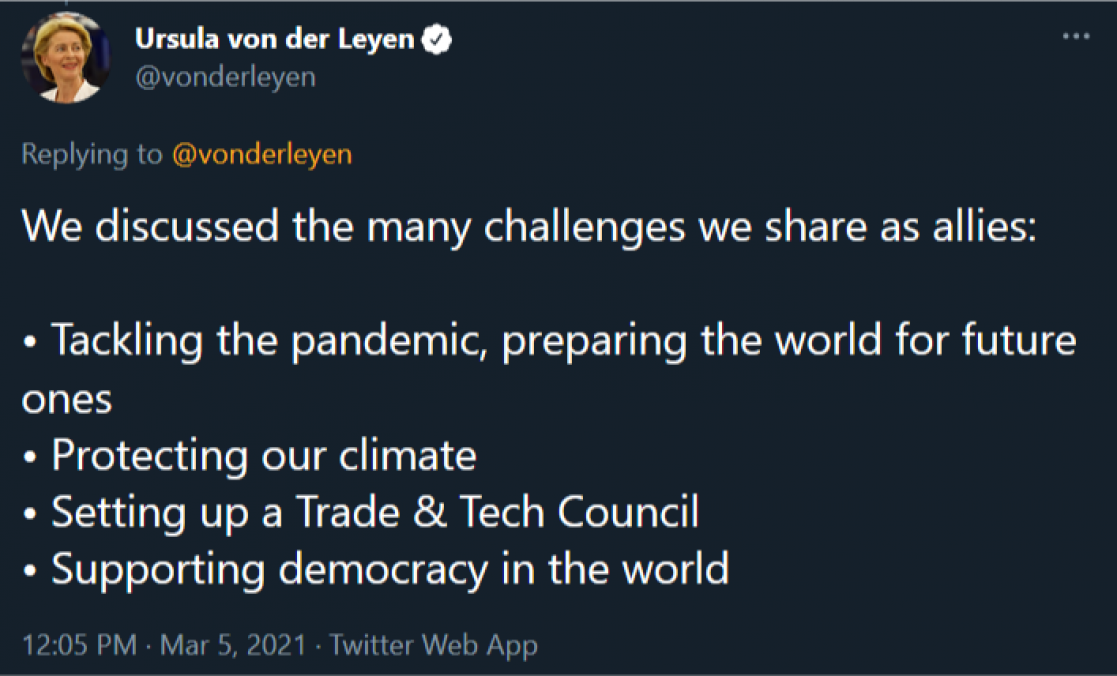 Ursula Von der Leyen repliying to a tweet