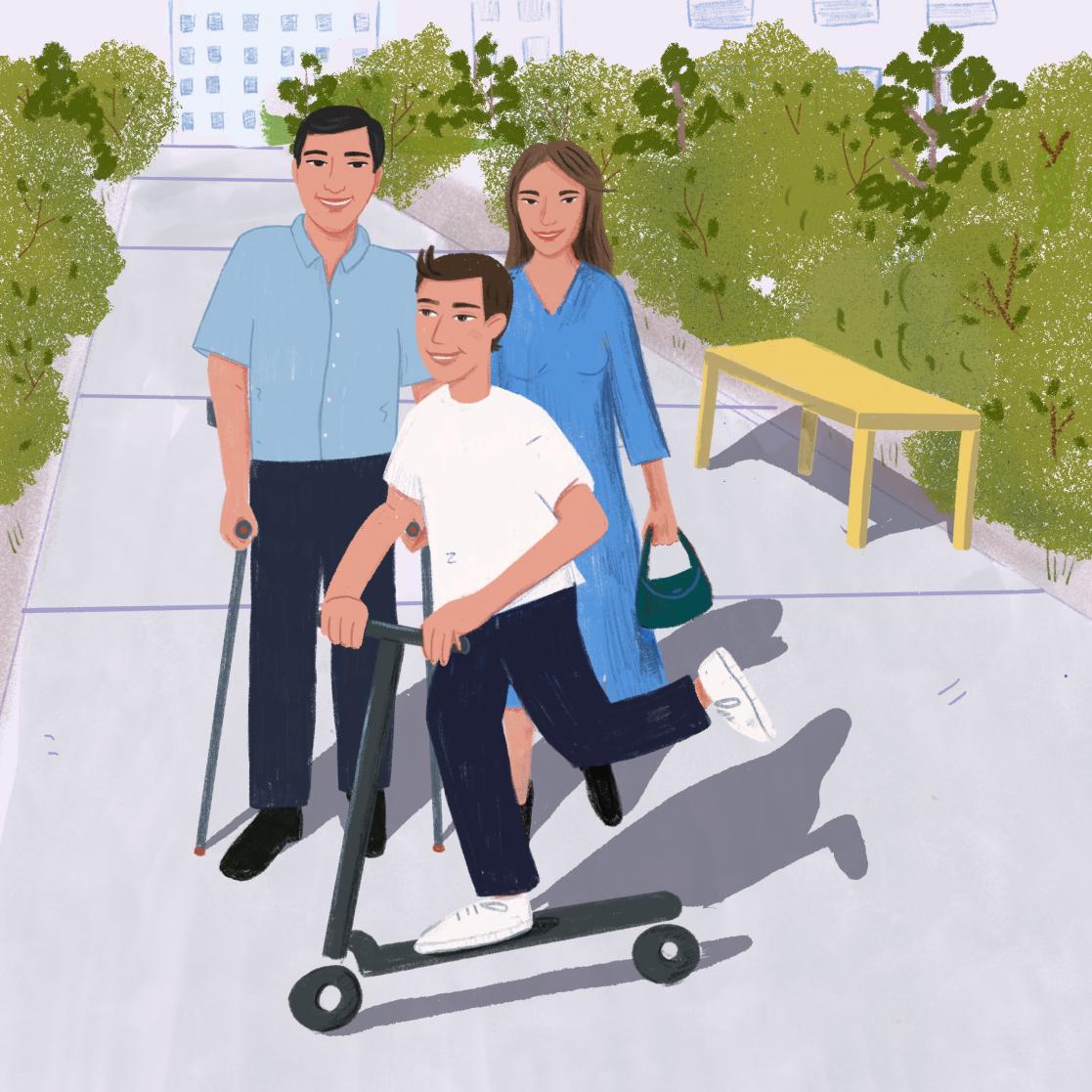 Cartoon of a family consisting of mother, father and child in which the child rides a scooter and the father walks with crutches.