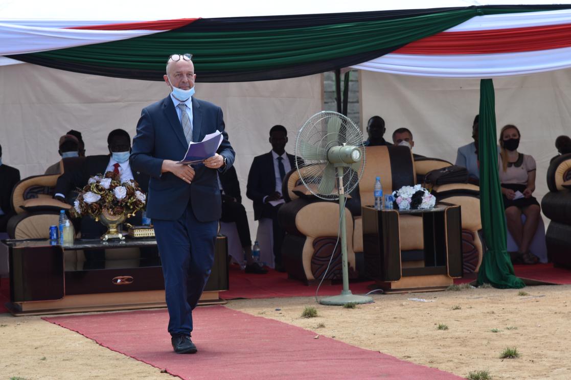 Wim Vandenbroucke  making his speech during the school reopening event in Juba 