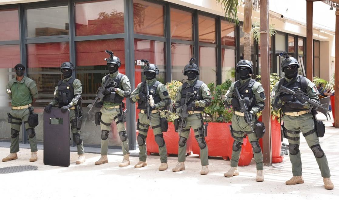 Military at the entrance of a building