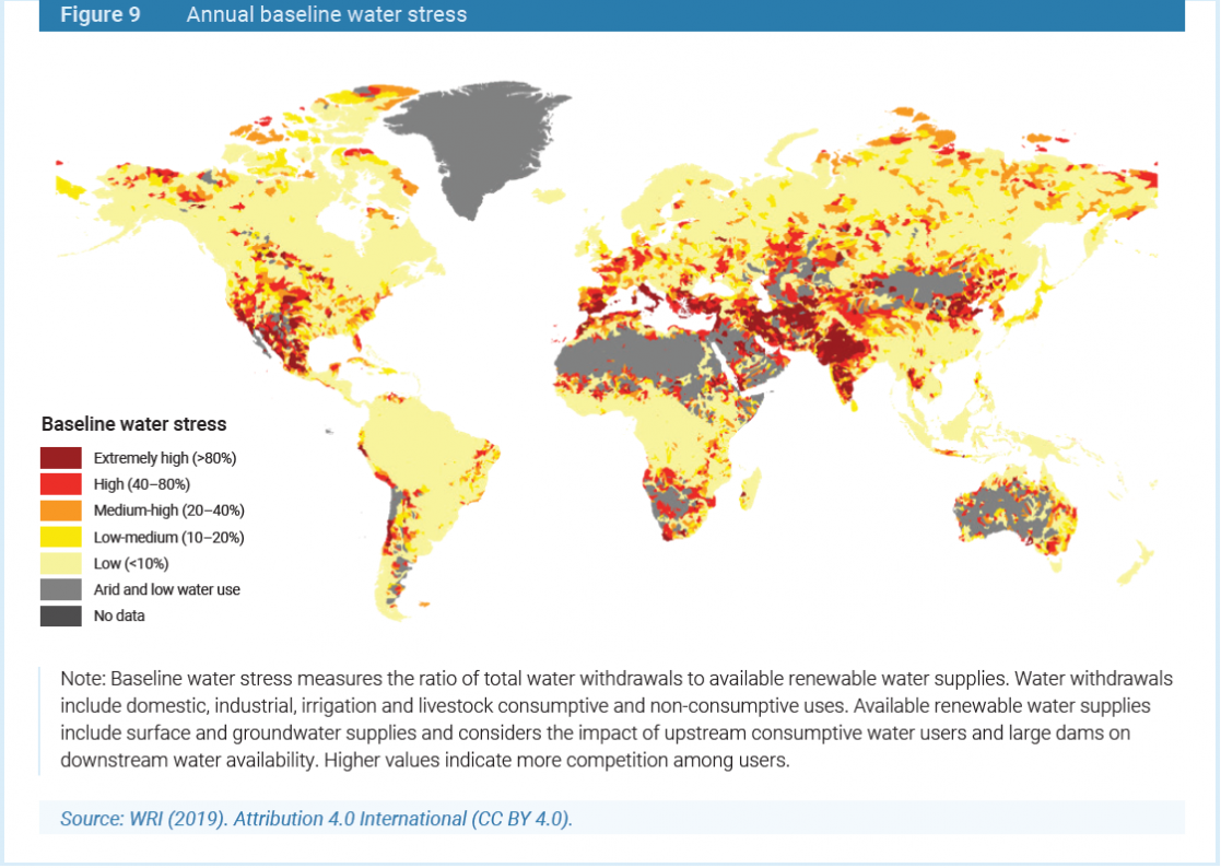 World map painted according to annual baseline water stress