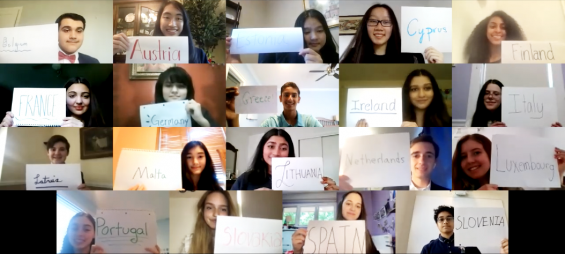 Collage with images of people holding folios with the name of different countries written on them