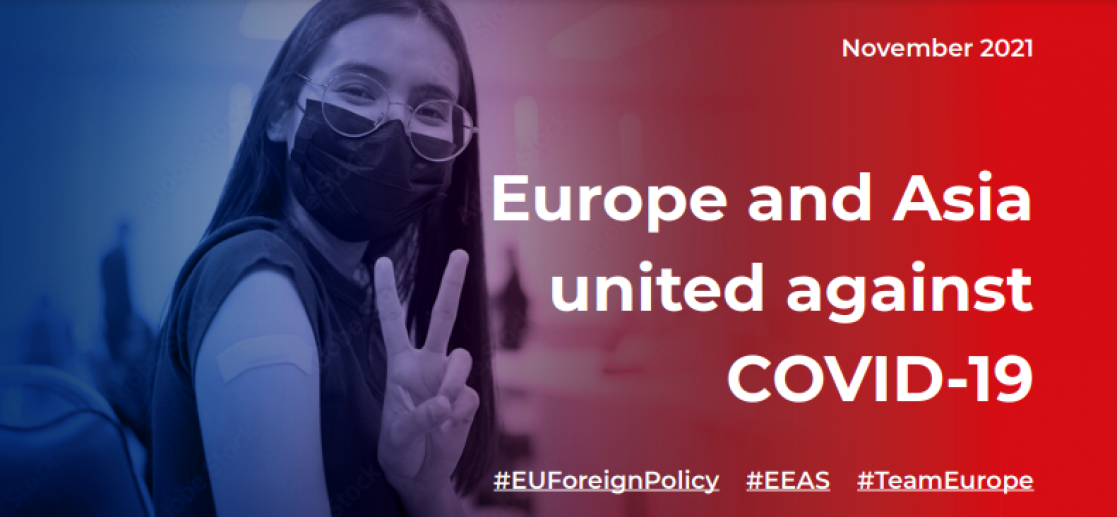 Blue and red banner with the title "Europe and Asia united against COVID-19"