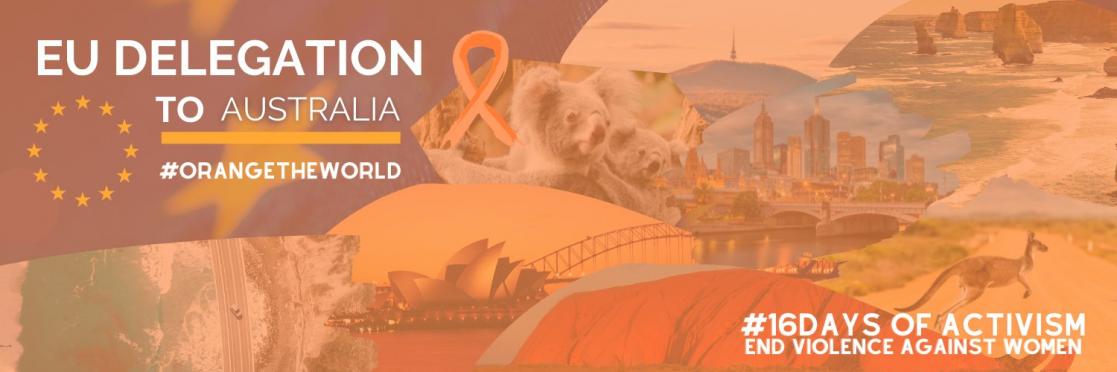 Orange banner with the text "#Orangetheworld #16days of activism end violence against women"
