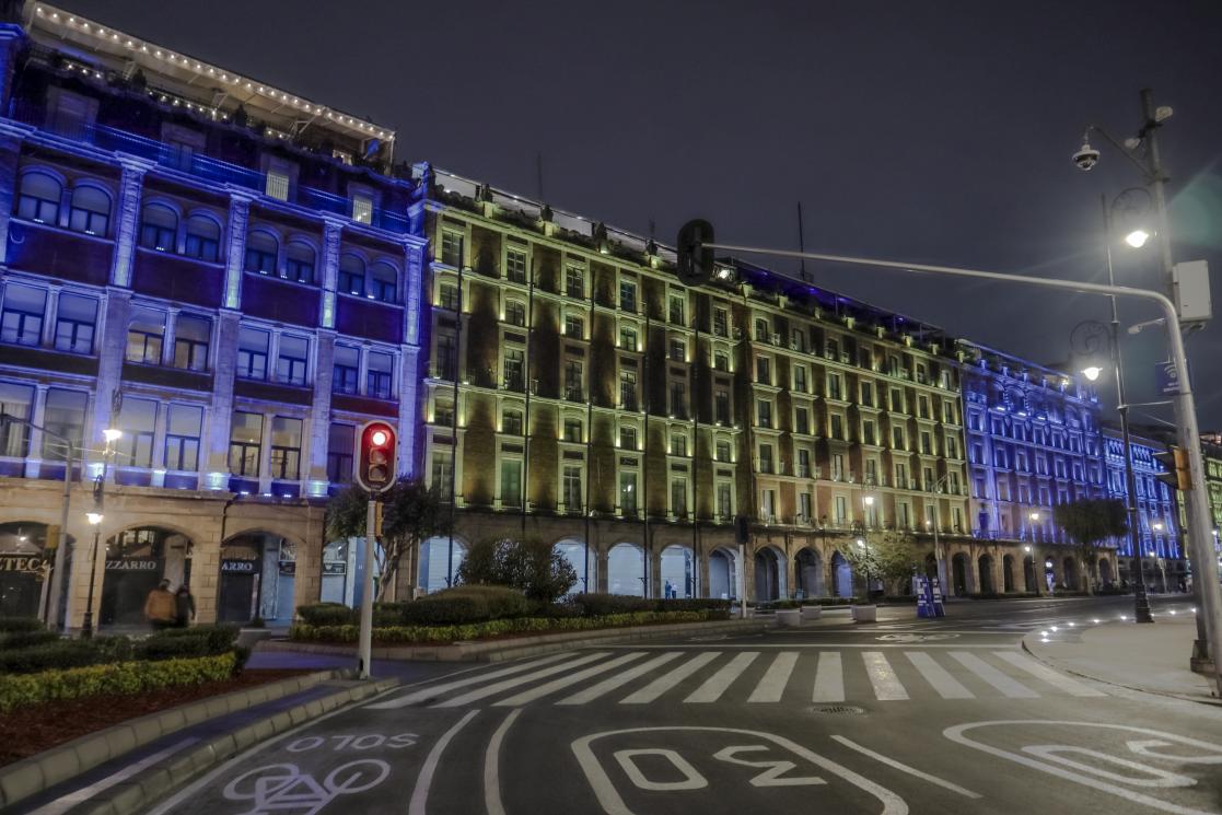 Building coloured with blue lights