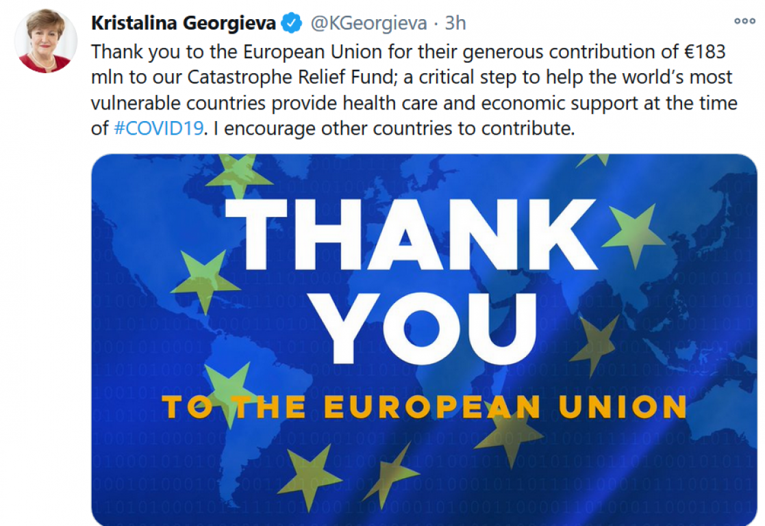 Screenshot of a Kristalina Georgieva tweet thanking the European support during the COVID