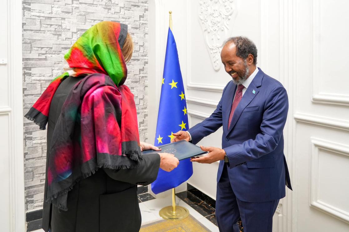 EU's new ambassador, Ms. Karin Johansson, presented her credentials to President @HassanSMohamud at @TheVillaSomalia in #Dhusamareeb