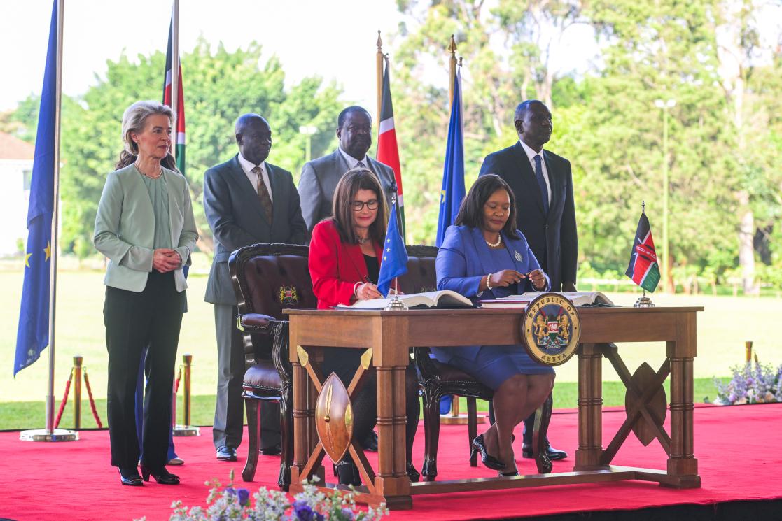 European Union Ambassador to Kenya Henriette Geiger and Cabinet Secretary Rebecca Miano sign the EU Kenya EPA