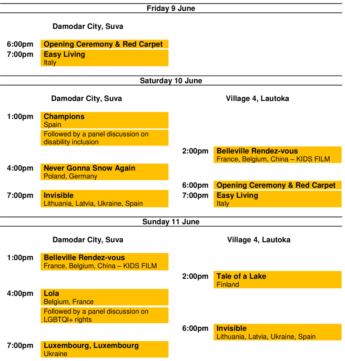 Programme of the 2023 European Film Festival, Fiji