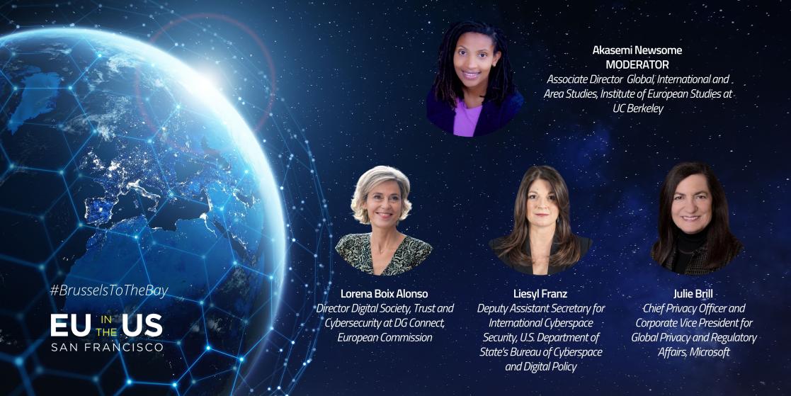 Dark blue background with glowing planet on the left and four speaker photos on the right.