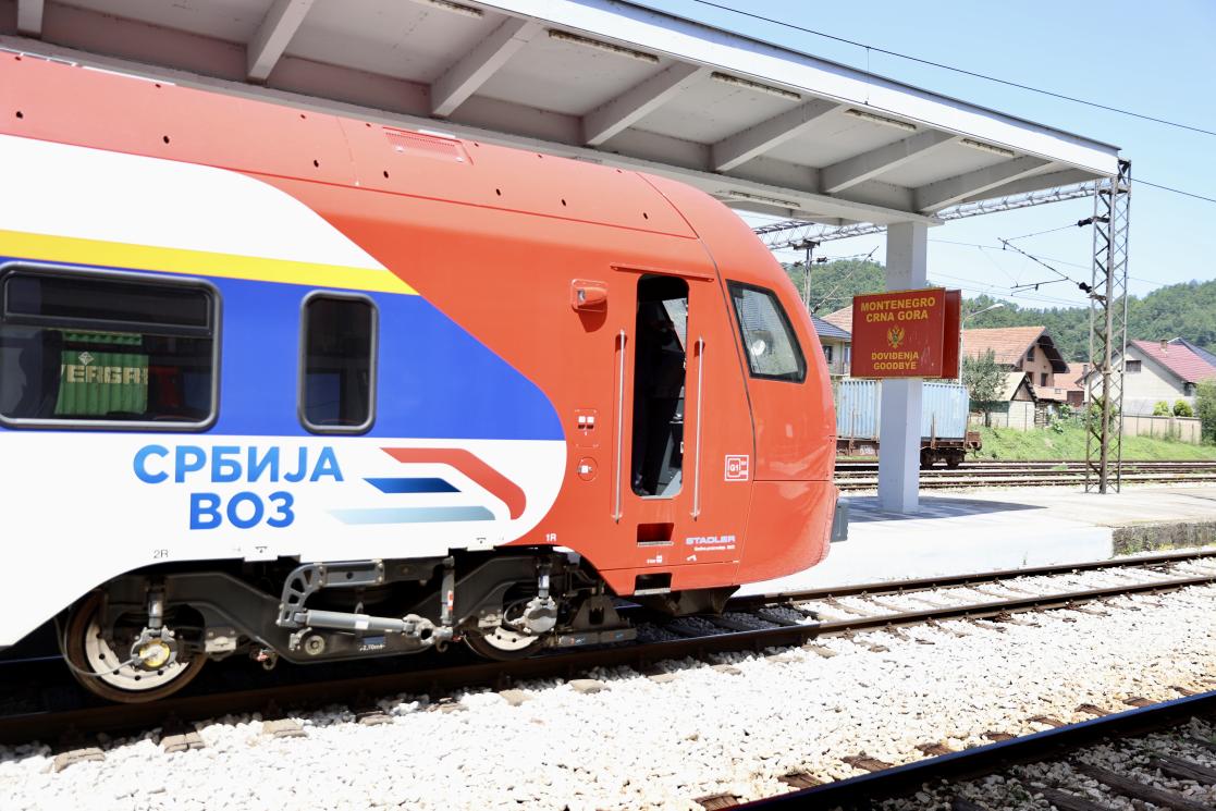 Locomotive on the train station. Serbia Train is written on it