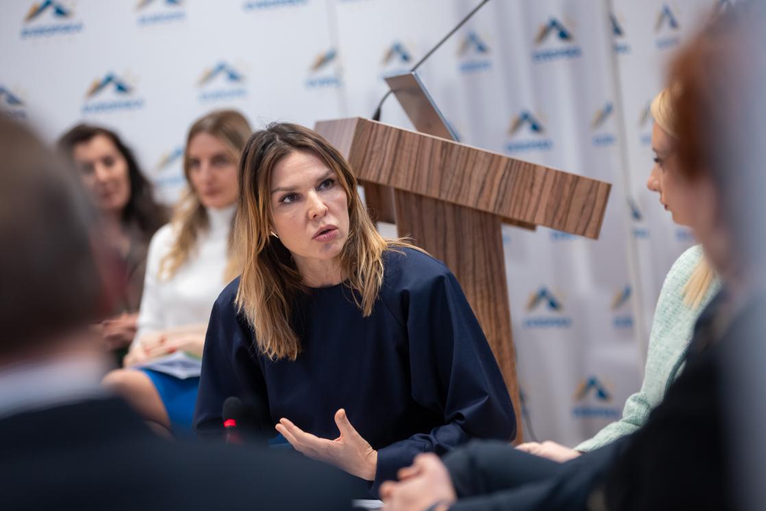 Maja Raičević, President of the NGO Women's Rights Centre sitting and speaking