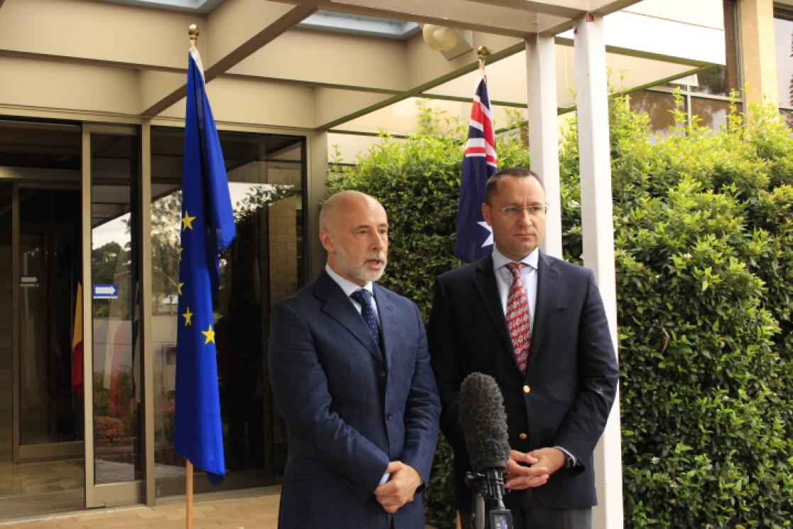 EU Ambassador HE Gabriele Visentin and Ukraine Ambassador HE Vasyl Myroshnychenko in Canberra, 23 February 2024