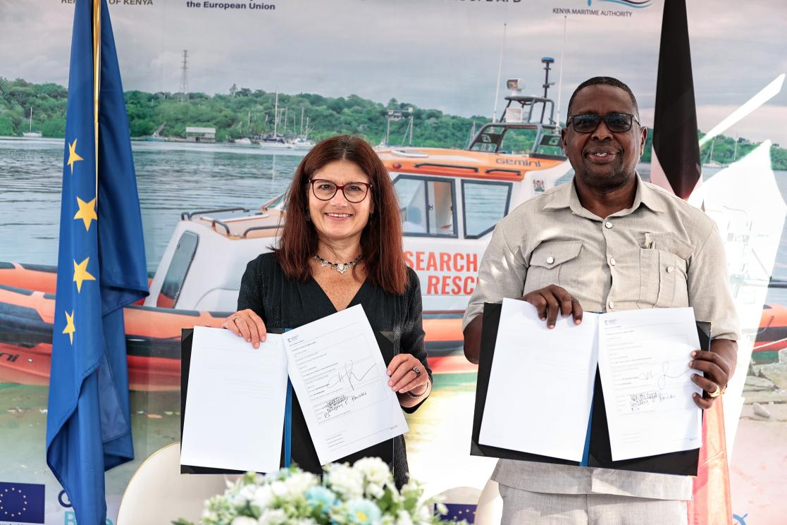 EU Ambassador Henriette Geiger hands over the boats to the Kenya Maritime Authority