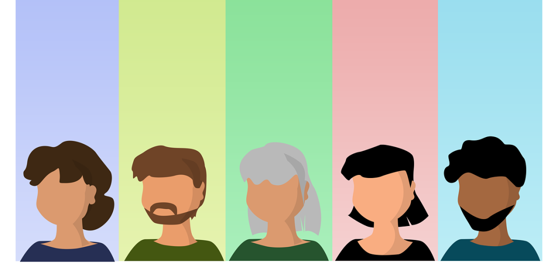 Ilustration showing five people behing them are different coloured stripes