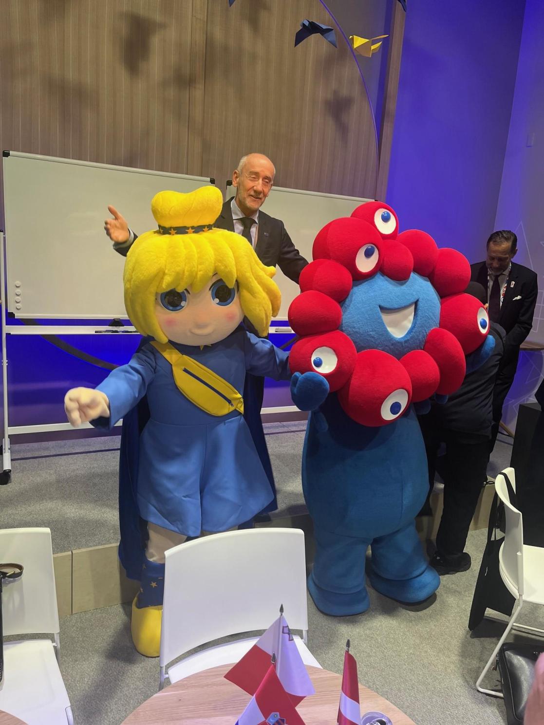 EU Ambassador Paquet with mascots Myaku-Myaku and Europa