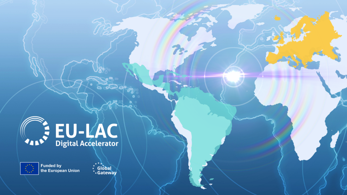 World map showing Latin American and Europe with Digital Accelerator and EU logos. 