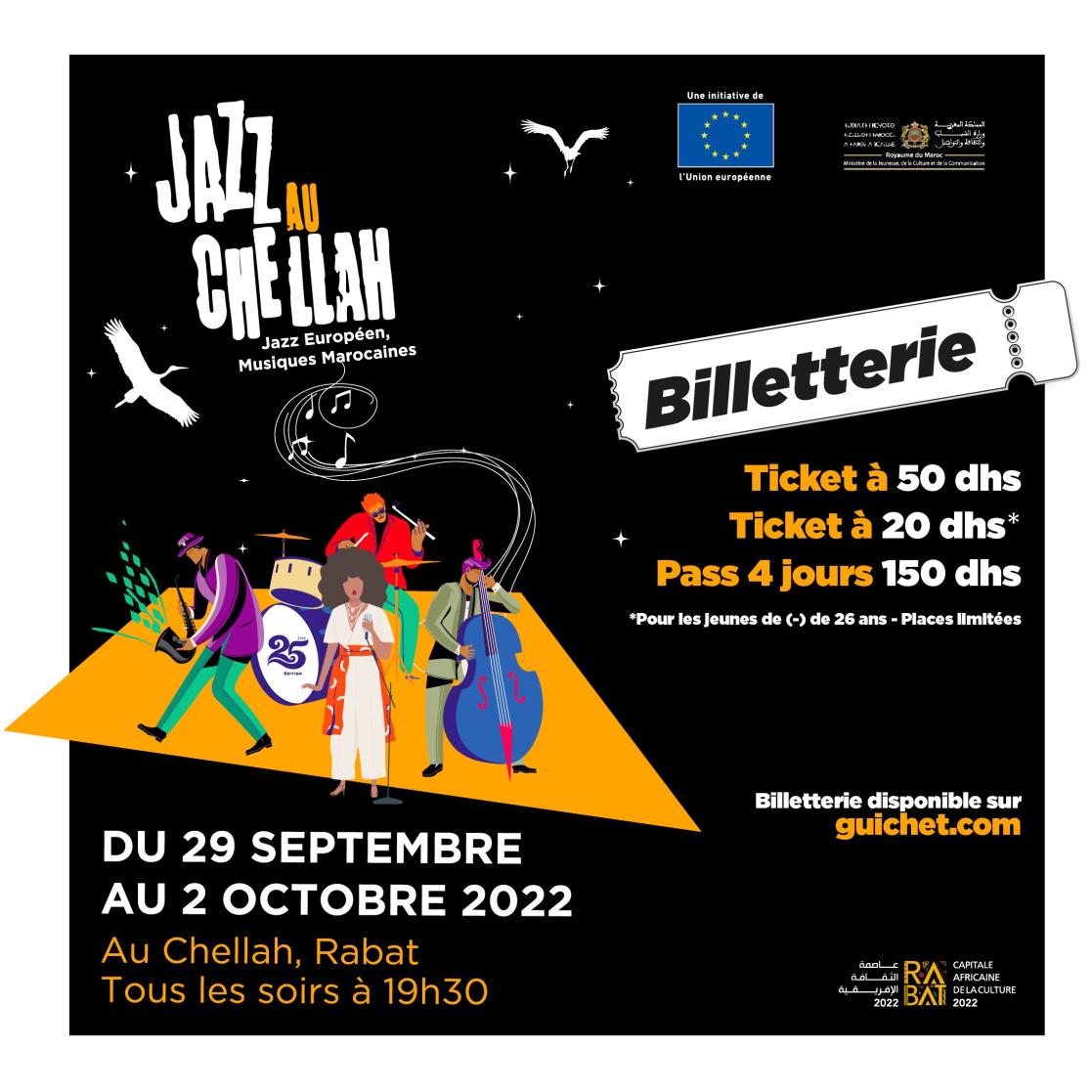 Visuel avec des informations sur la billetterie du festival Jazz au Chellah 2022