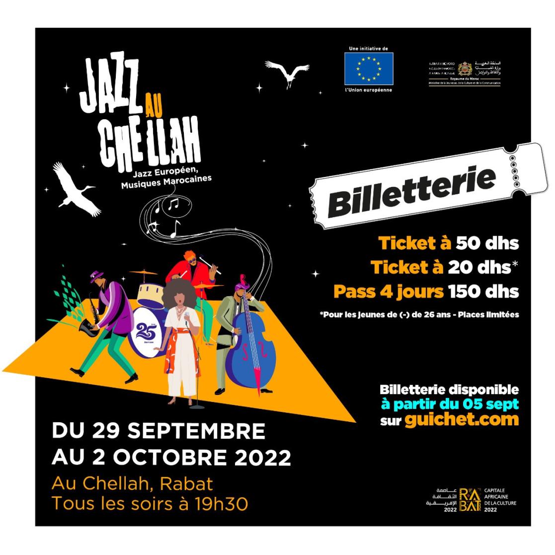 visuel du festival jazz au chellah avec un dessin de musiciens de jazz et des renseignements sur la vente de billetterie.