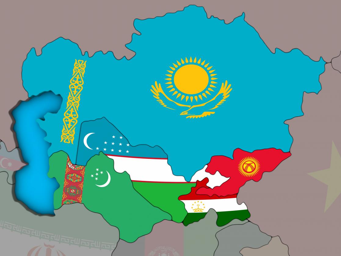 Central Asia with embedded national flags on blue political 3D globe. 3D illustration.