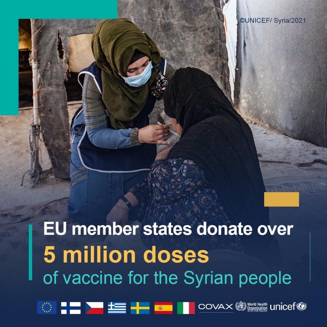 Poster about EU member states donate over 5 million doses of vaccine for the Syrian people