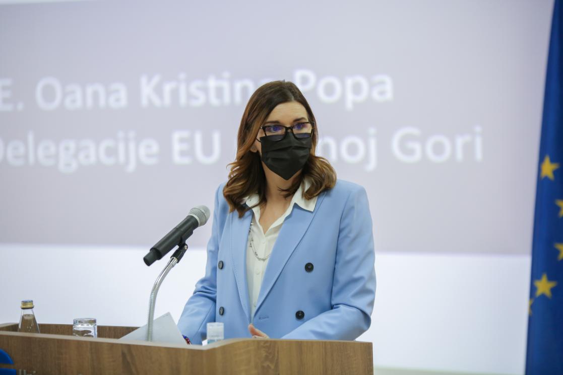 Woman talking into a lectern