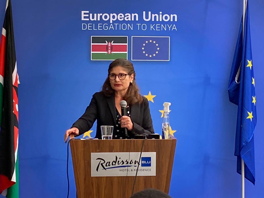 Woman speaking into a microphone at a lectern during a press conference