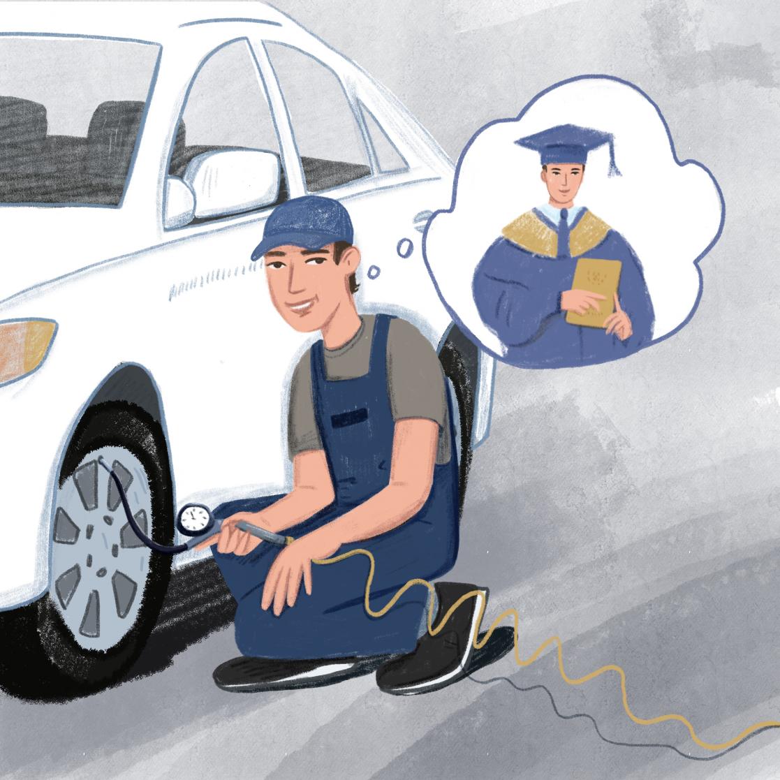 Illustration of a mechanic thinking about his academic training