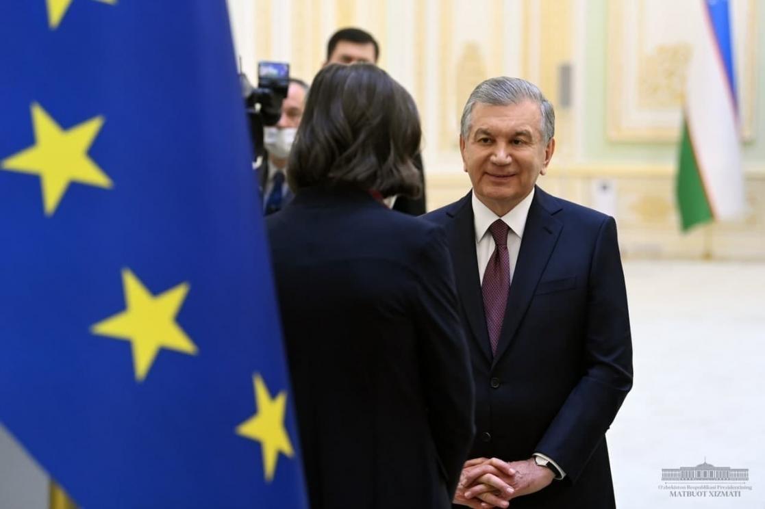 Two people talking behind the EU flag