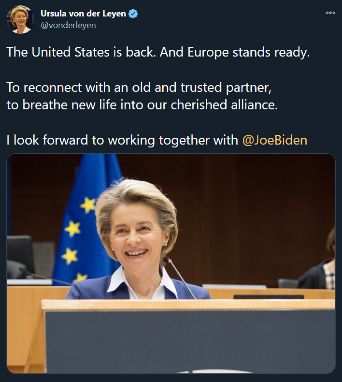 Tweet from Ursula Von der Leyen about the United States
