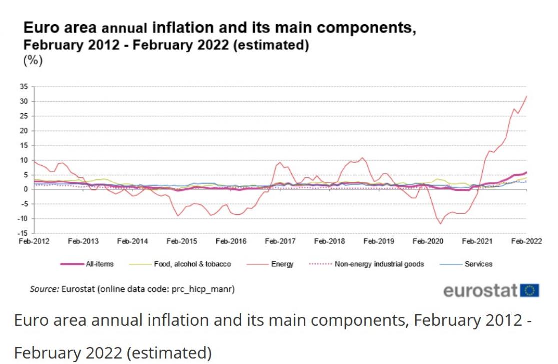 Line graph about Euro area annual inflation and its main components, February 2021 February 2022