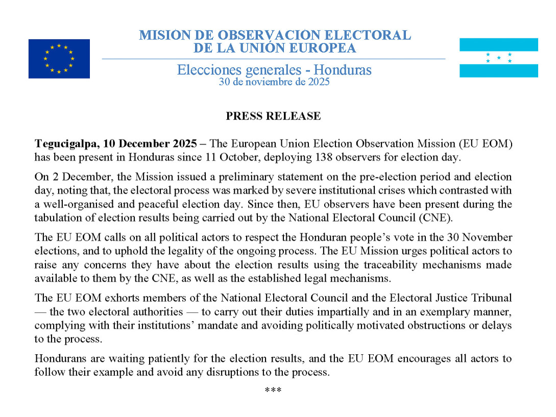 20251210 Comunicado de prensa MOE UE Honduras 2025