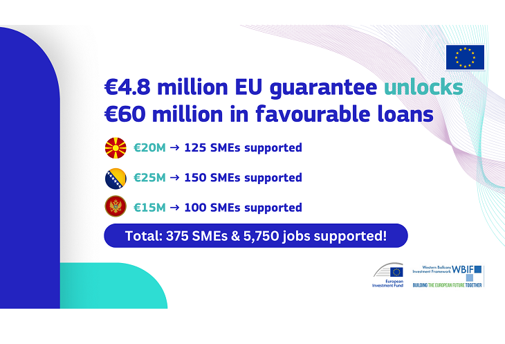 Visual with the following text: €4.8 million EU guarantee unlocks €60 million in favourable loans