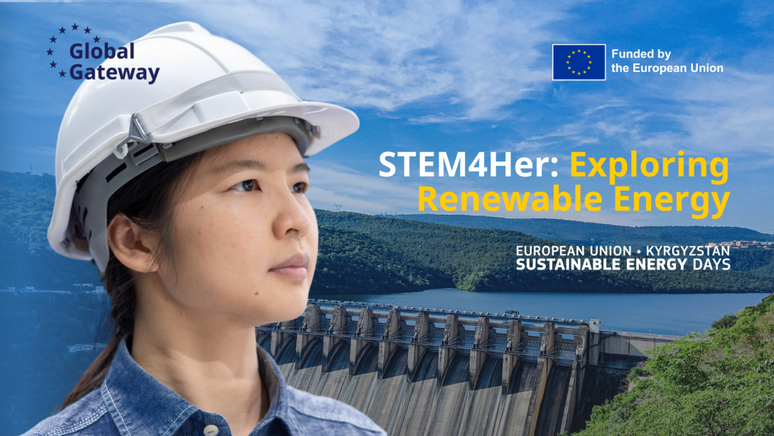 A banner with a face of a young lady with Hydropower Station behind