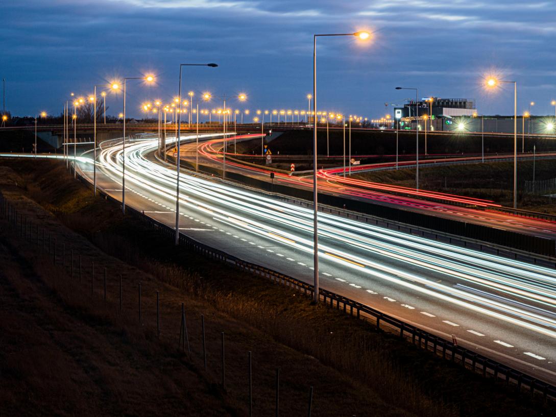 Night View of Busy Freeway in Wrocław, Poland