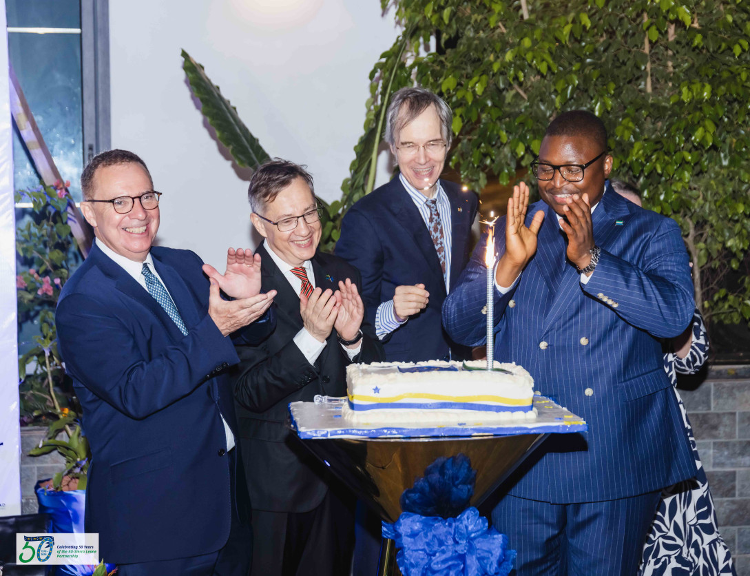 Minster of Foreign Affairs cuts the jubilee cake with Team Europe Ambassadors