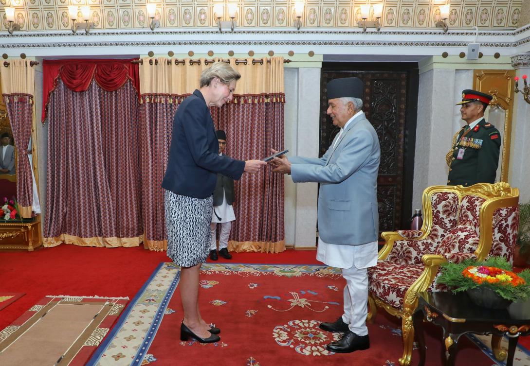 Newly appointed EU Ambassador to Nepal, H.E. Veronique LORENZO presented her credentials to the Right Honourable President Ramchandra Paudel on 5th Oct, 2023   